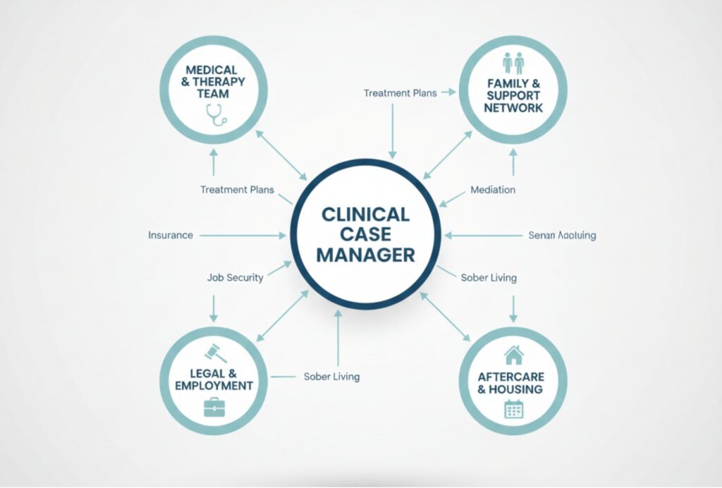 A visual of the role of clinical case managers in rehab as a central point of contact